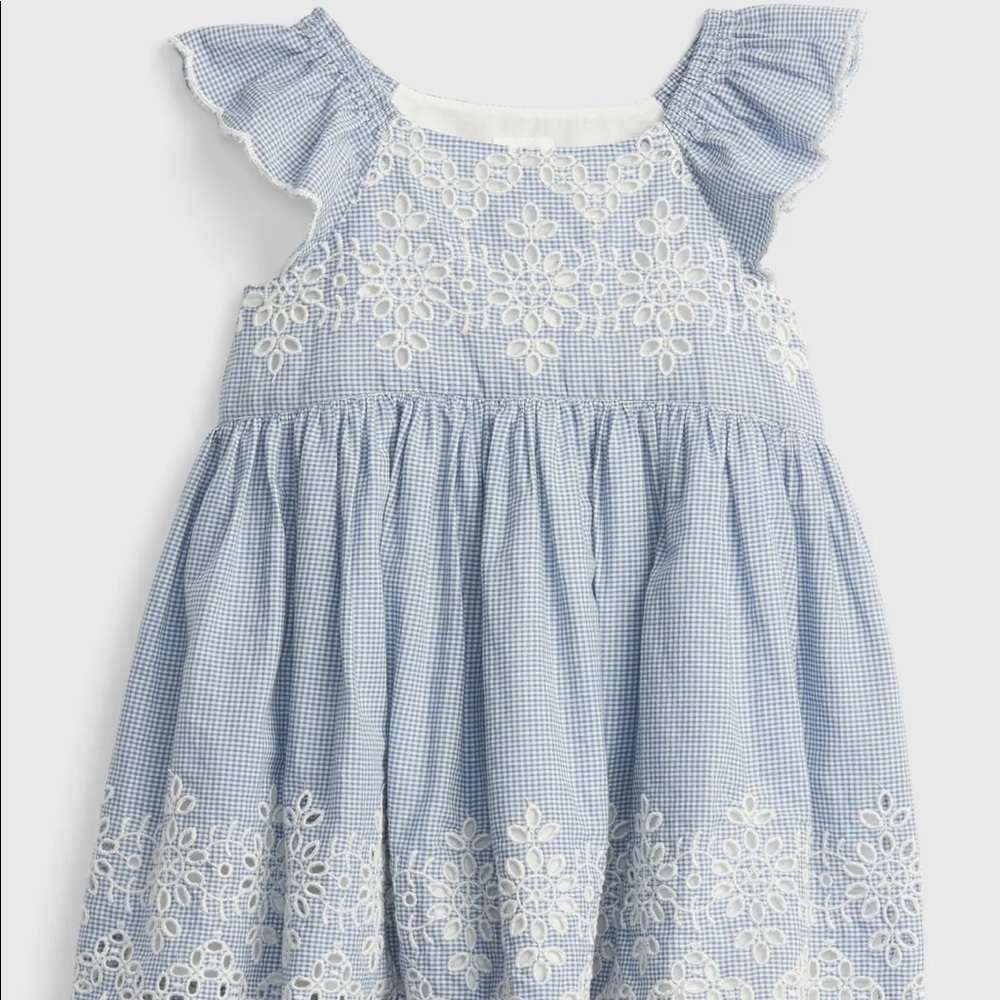 BABY GAP, BLUE & WHITE EYELET DRESS, 0-3M